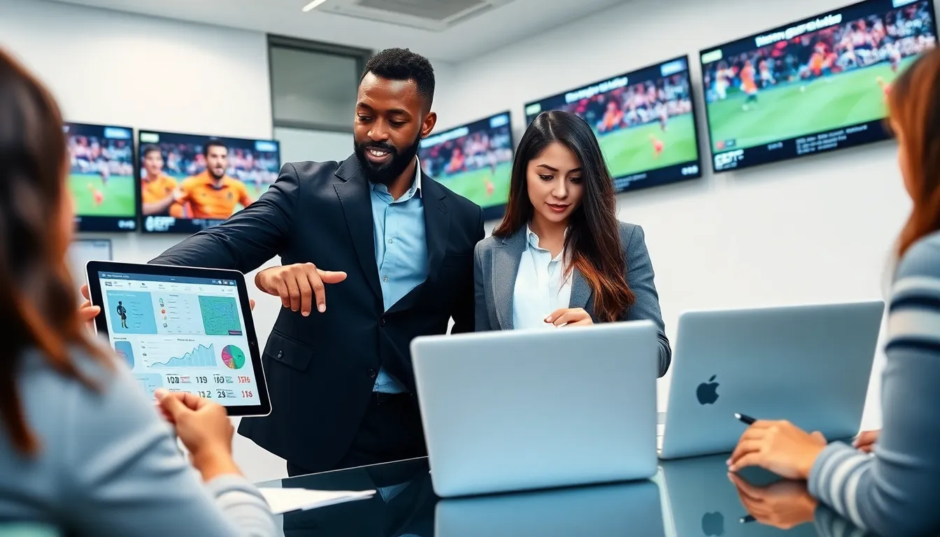 professionals analyzing football news and statistics in a modern office.