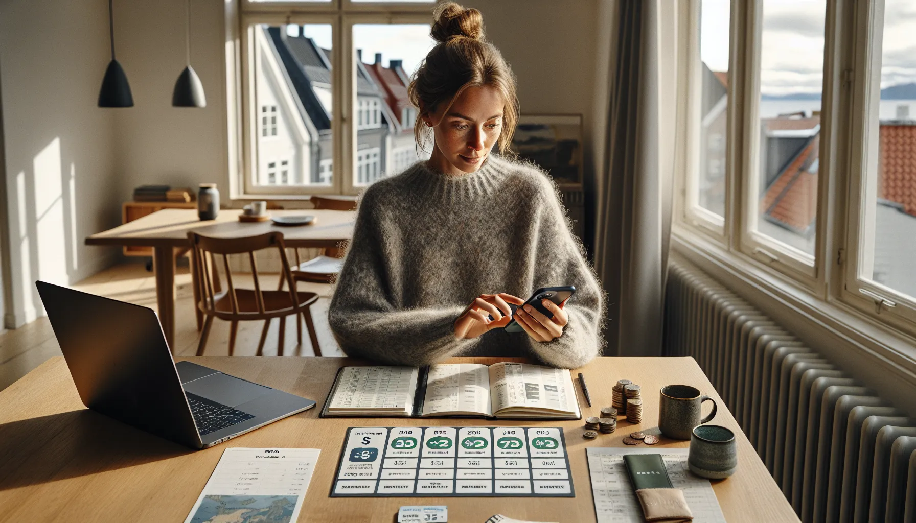 Norwegian woman comparing travel membership savings on her smartphone at home.