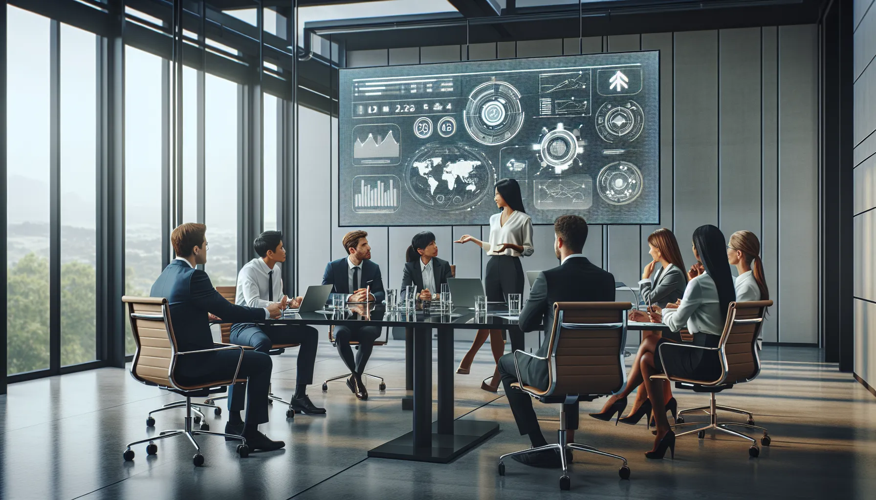 diverse team collaborating on reporting in a modern office.