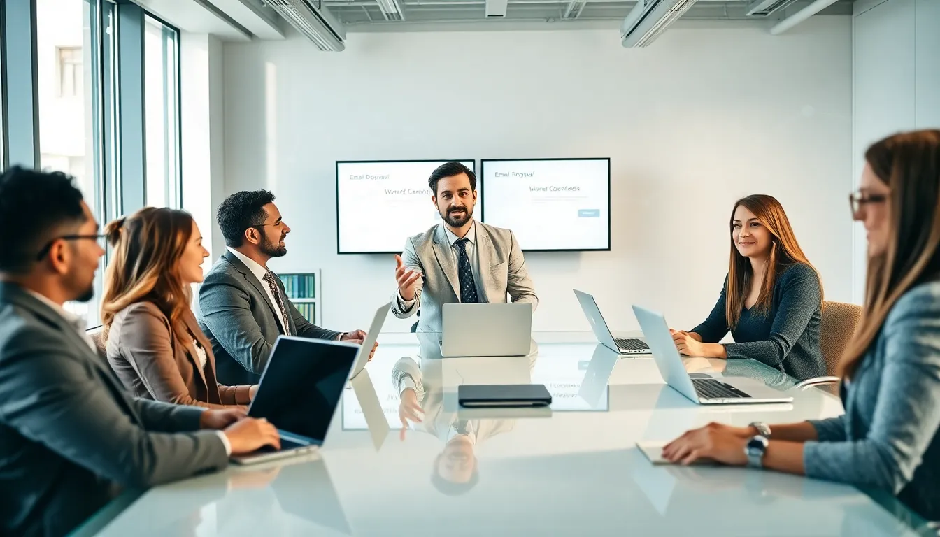 professionals discussing the importance of a professional email address in a modern office.