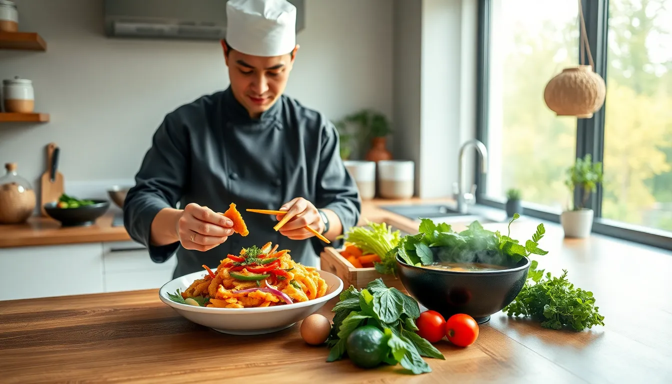 A chef plating plant-based Japanese dishes in a modern kitchen.