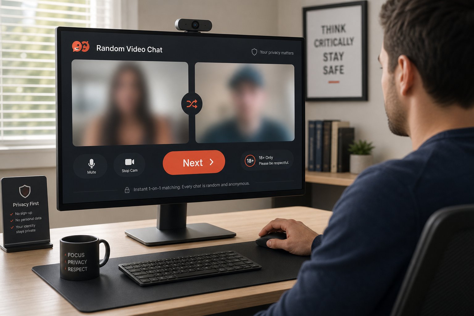User viewing a random video chat interface with next button and privacy icons.