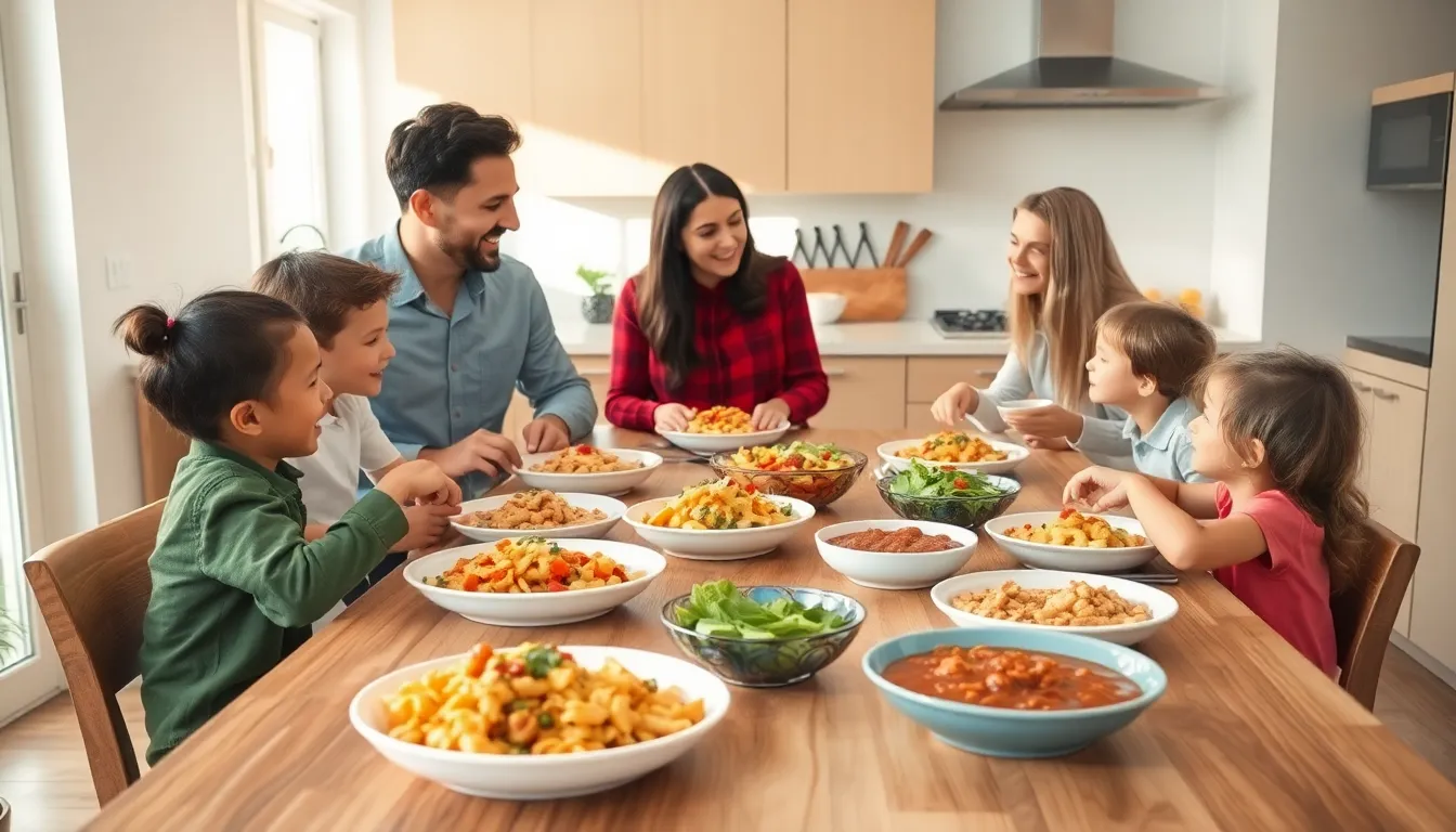 family enjoying a budget-friendly meal together in a cozy kitchen.