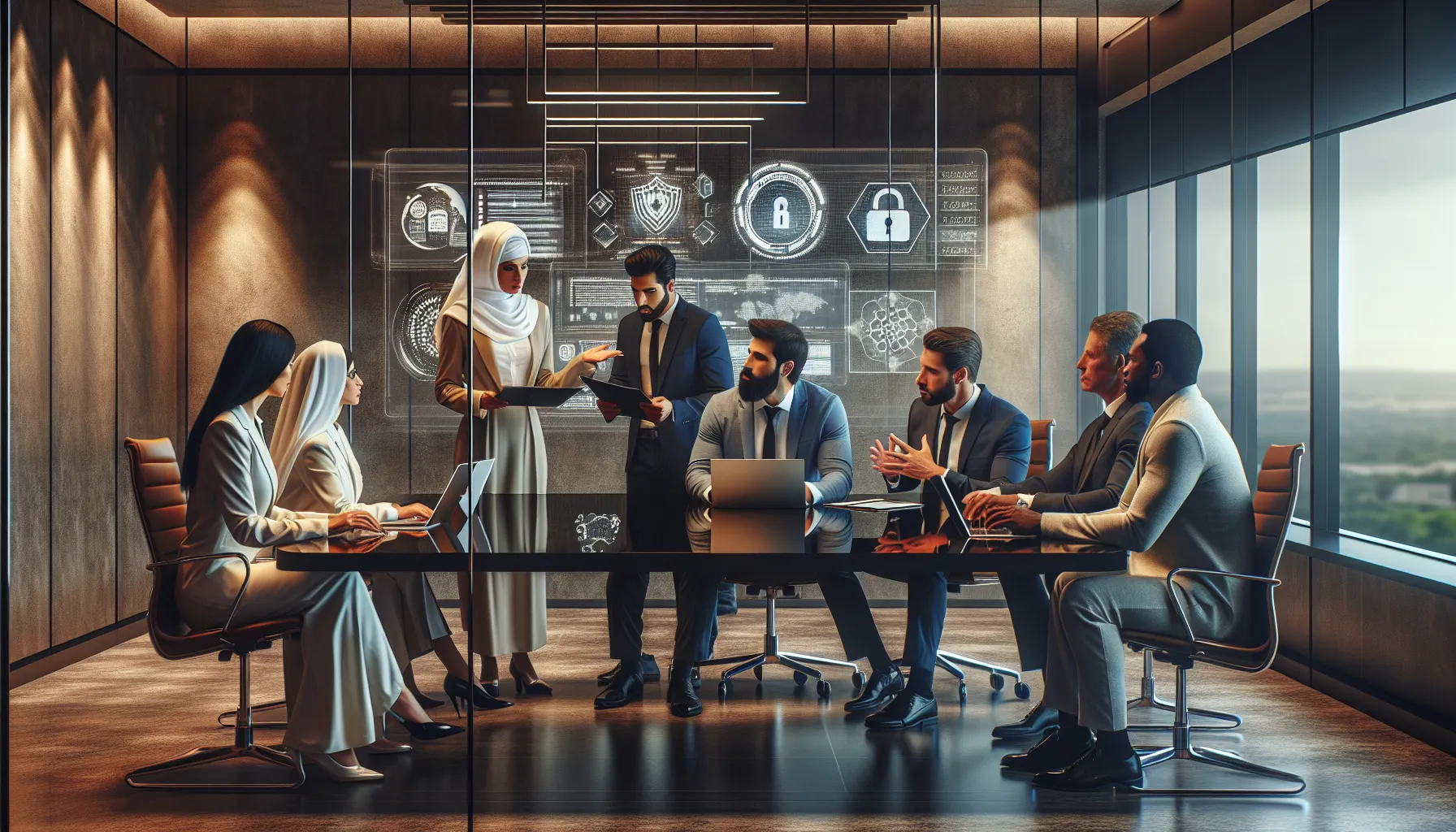 team discussing cybersecurity measures in a modern office.