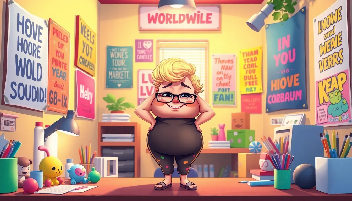 cartoon character symbolizing body positivity in a colorful workspace.