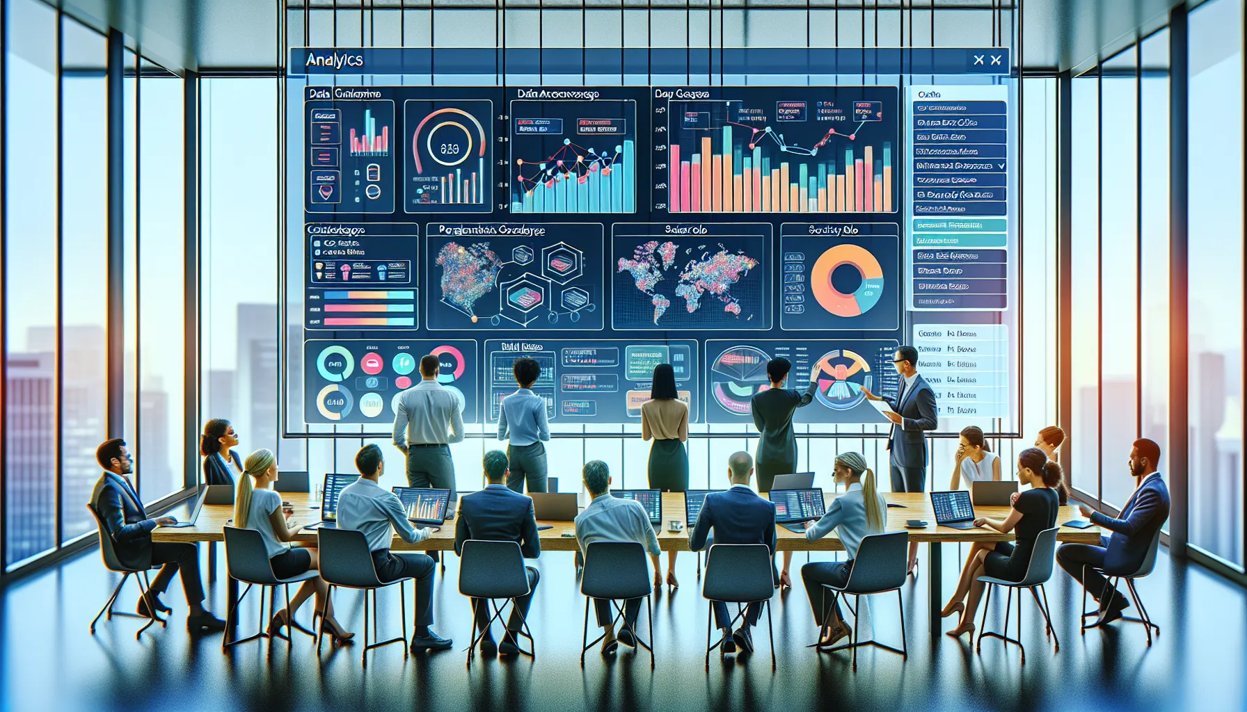 Analytics team validating a Power BI dashboard in a modern office before publishing.