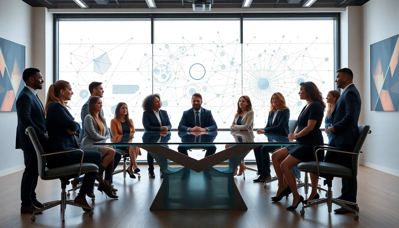 diverse professionals discussing concepts in a modern conference room.