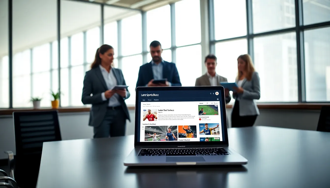 professionals discussing the Latest Sports Buzz email in a modern office.