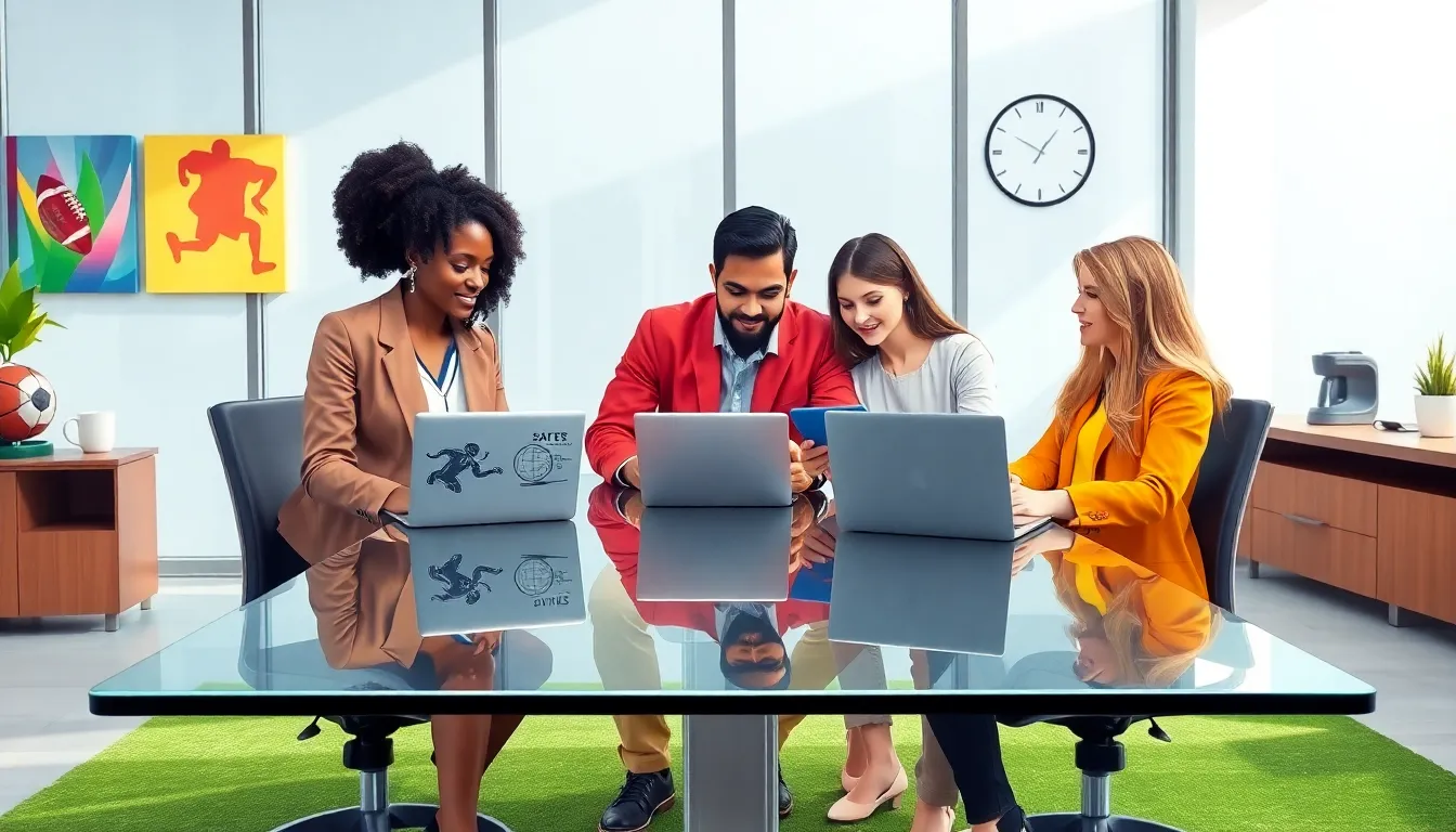 diverse team discussing football news in a modern office.