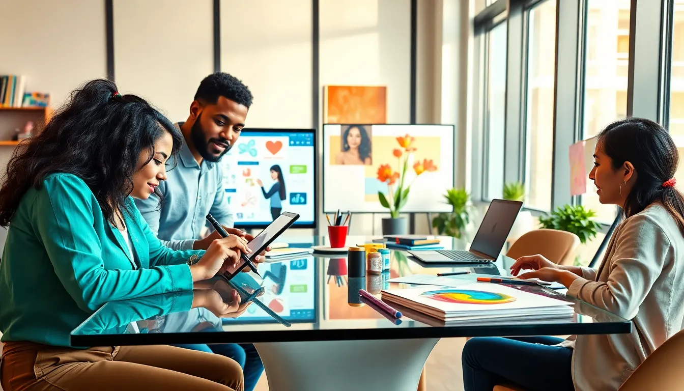 diverse artists collaborating in a modern creative workspace.