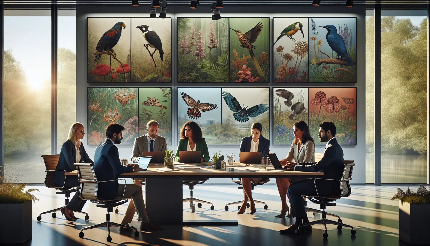 diverse conservation team discussing biodiversity in a modern office.