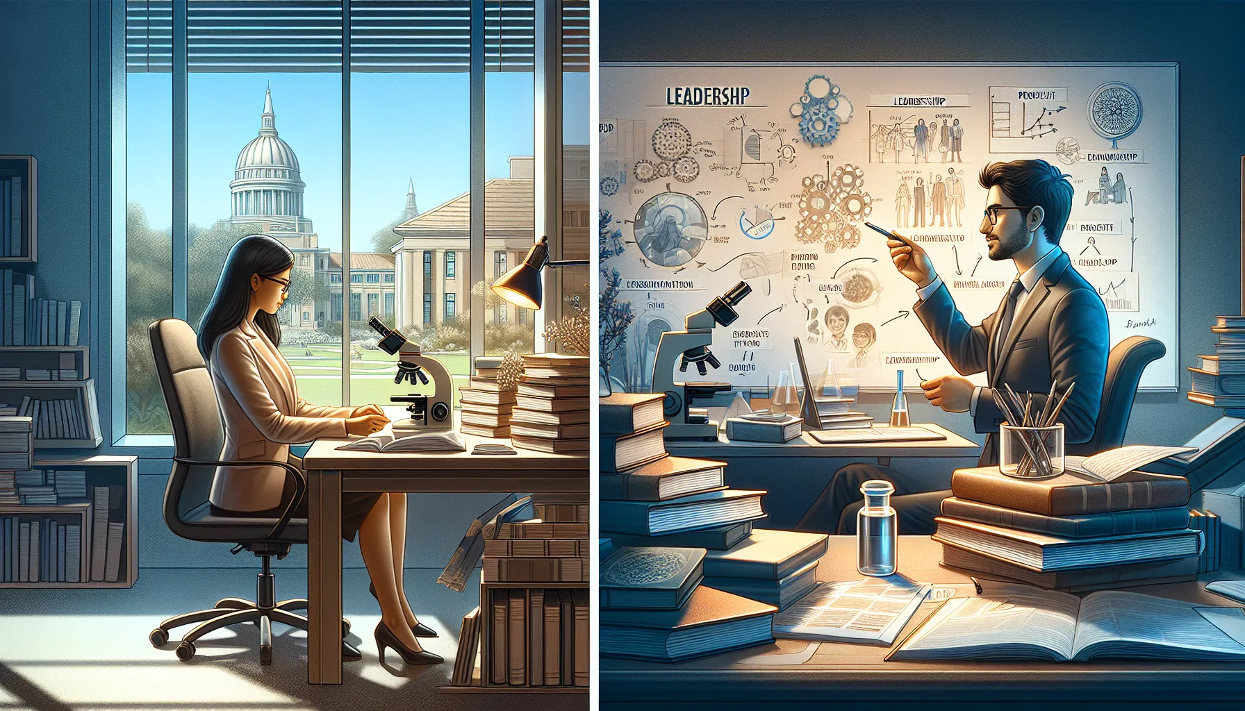 Two scholars showcasing PhD and EdD roles in a professional setting.