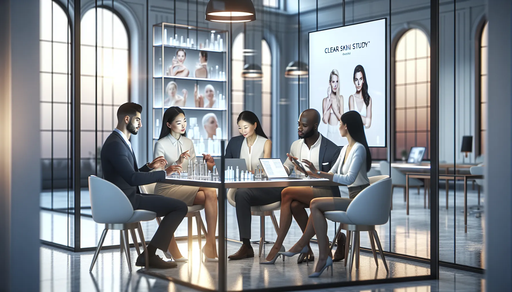 diverse team discussing skincare in a modern office setting.
