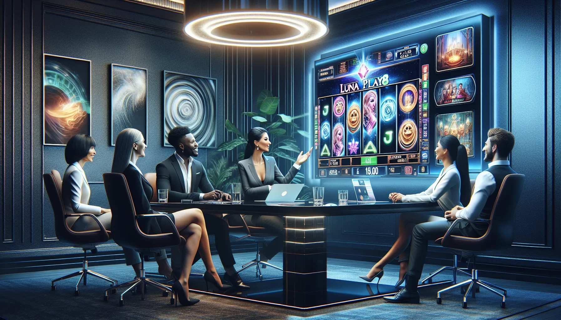 professionals discussing the Luna Play88 Slot in a modern gaming environment.