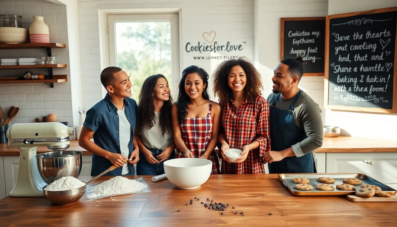 friends baking cookies in a warm kitchen setting.