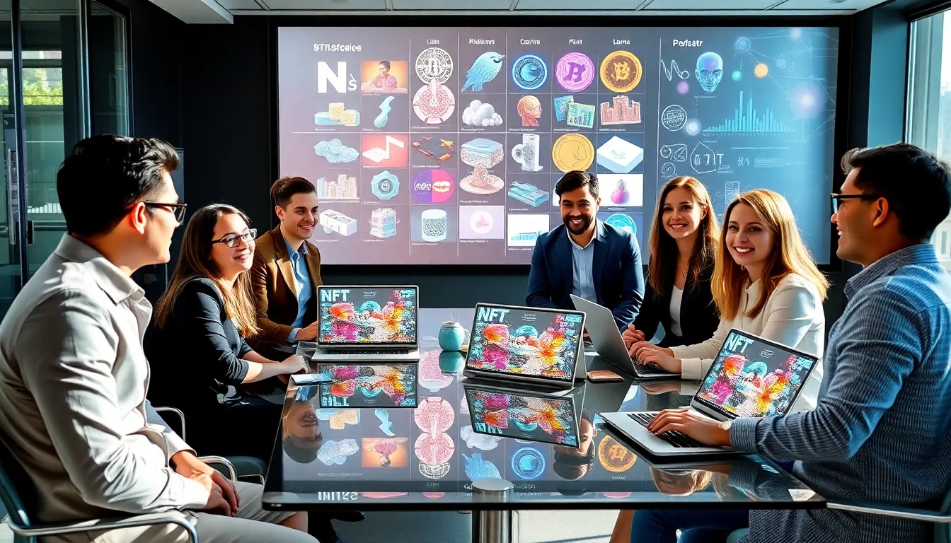 diverse professionals discussing NFTs in a modern office.