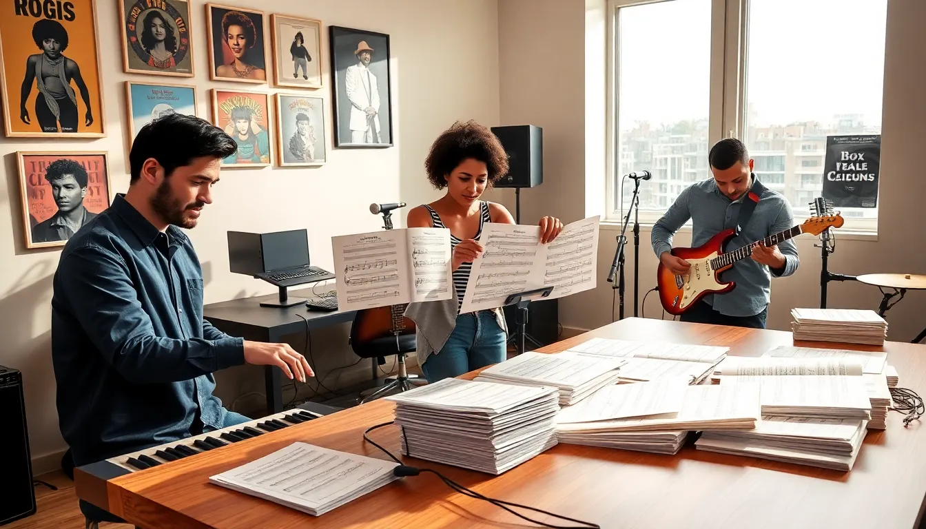 diverse musicians collaborating with pop sheet music in a modern studio.