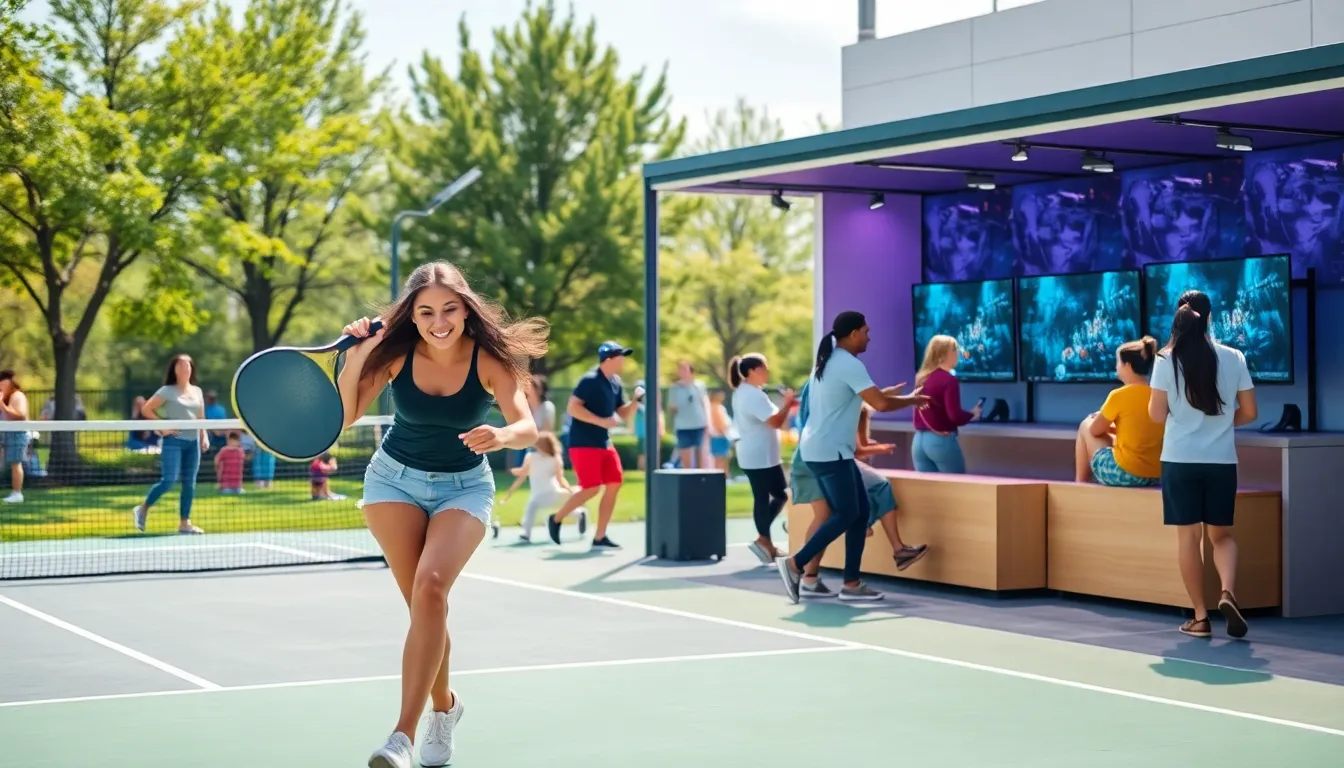 diverse athletes playing pickleball and esports in a modern setting.