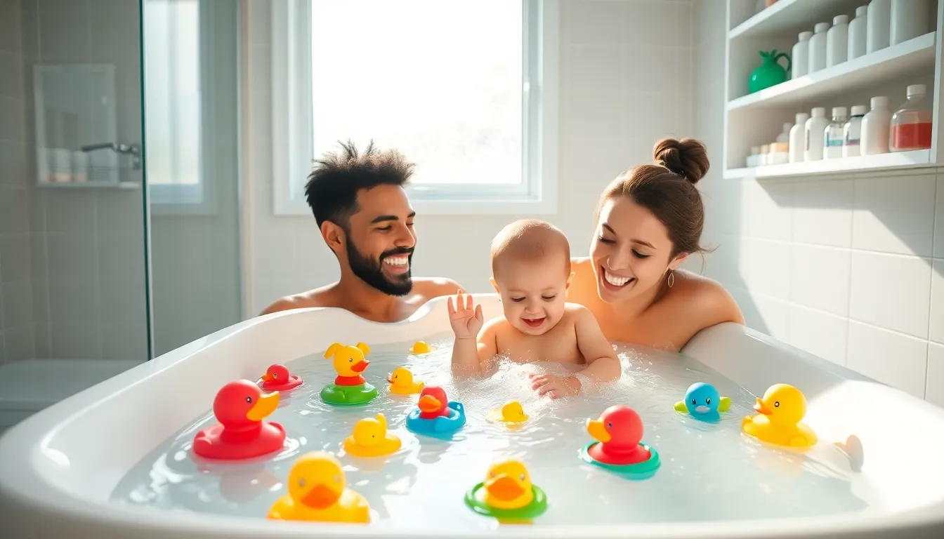 baby playing with colorful bath toys in the bathtub.