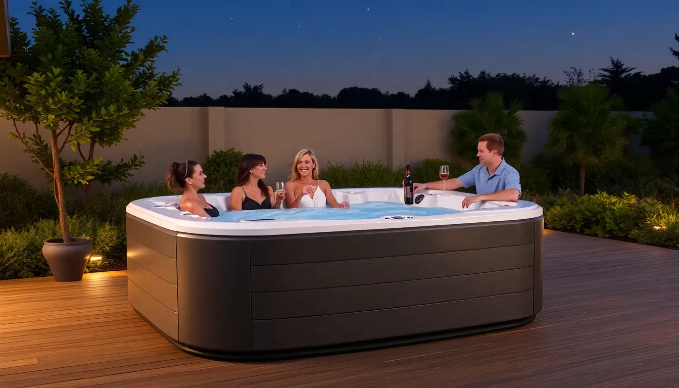 six-person jacuzzi hot tub with friends in a serene outdoor setting.