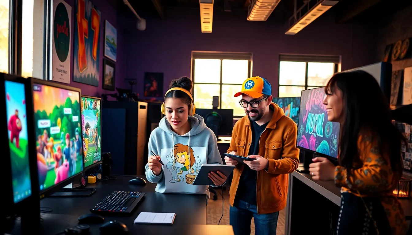 game developers collaborating in a creative studio at ImagineerGames.