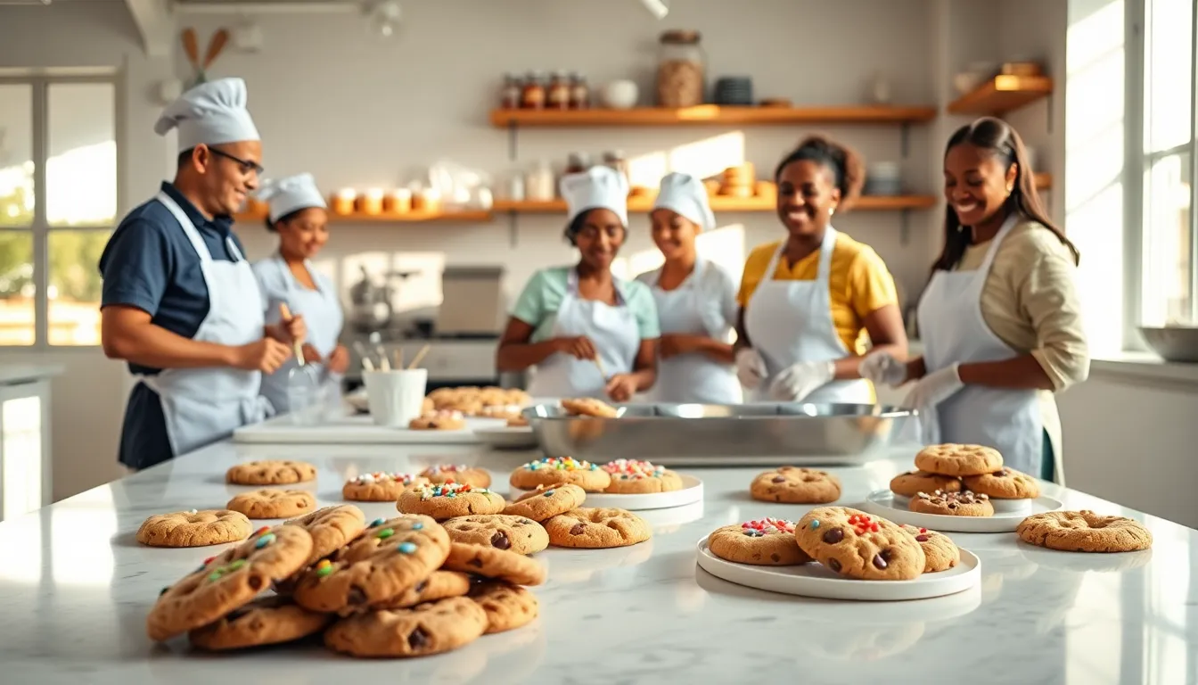 diverse team of bakers making fresh cookies in a bright bakery.