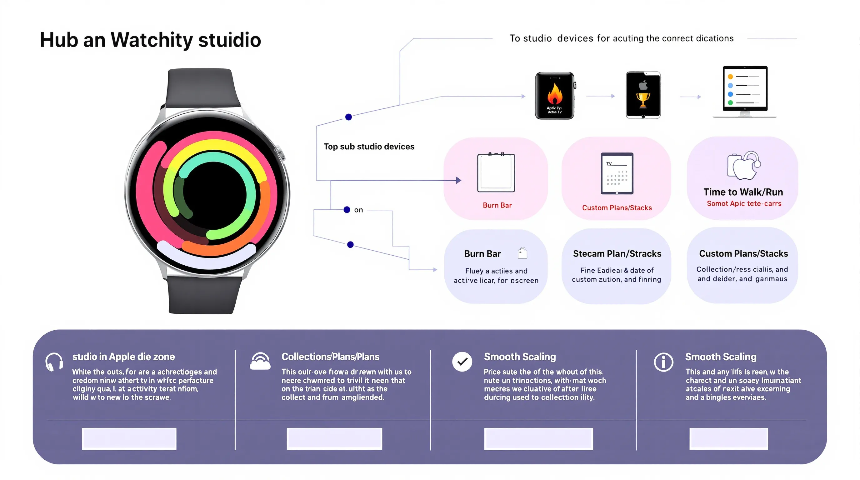 Infographic highlighting Apple Fitness+ features and trial plan on Apple Watch.