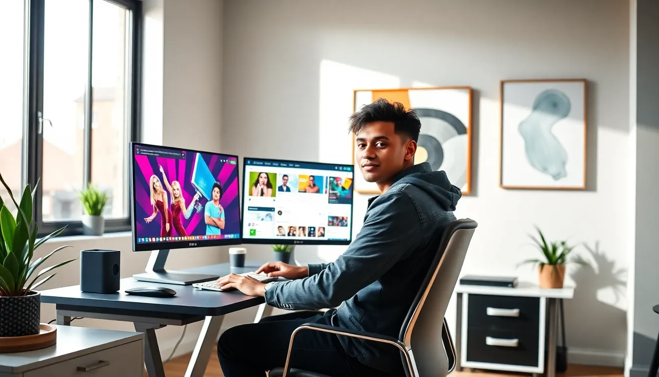 content creator in a modern home office producing digital content.