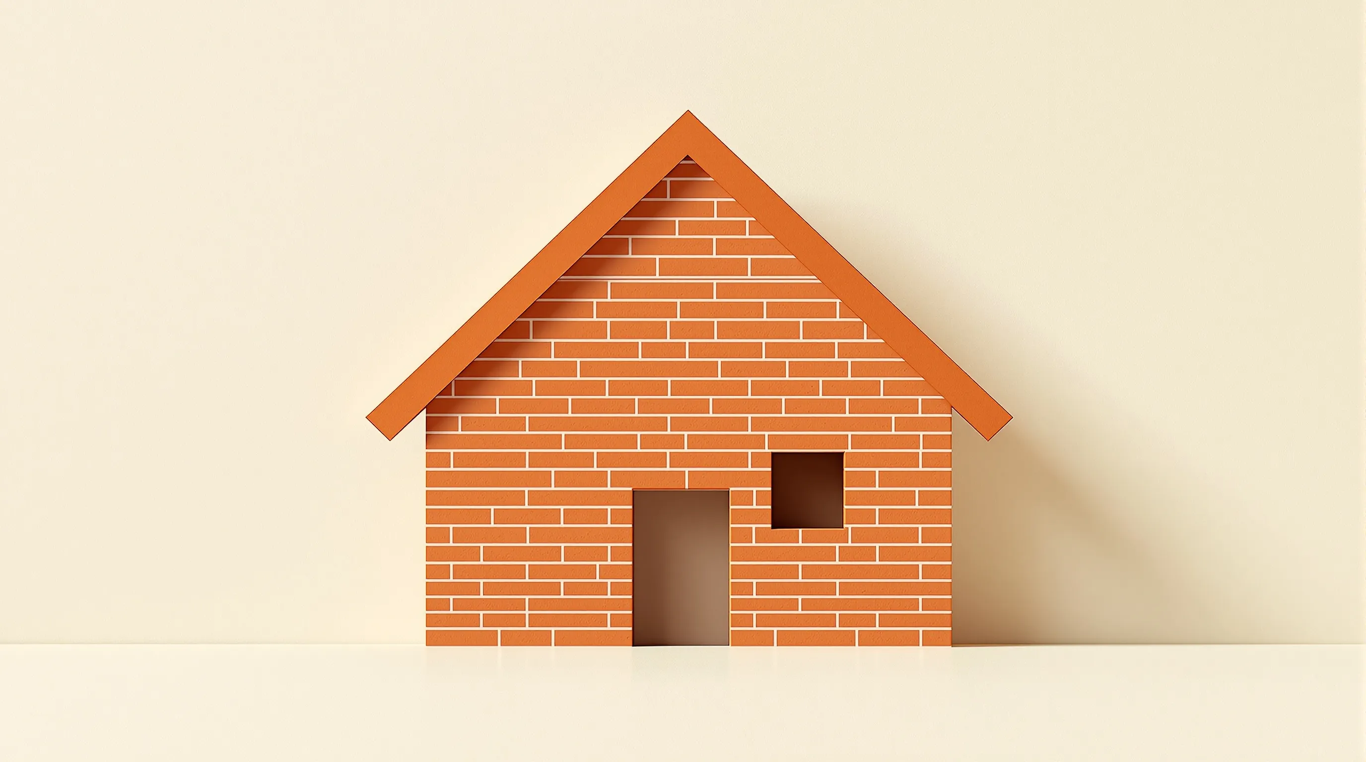Minimalist brick house silhouette with geometric shapes on neutral background.