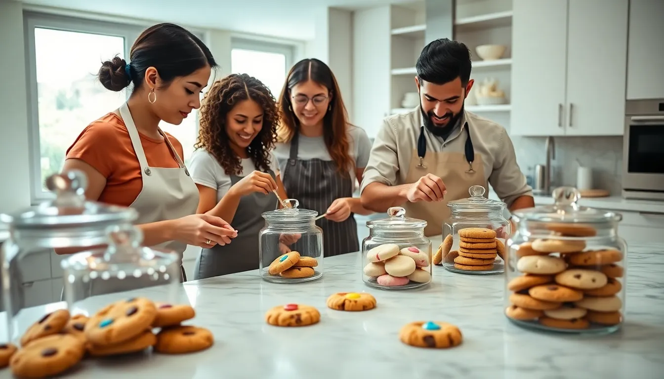 diverse bakers creating colorful cookies in a modern kitchen.