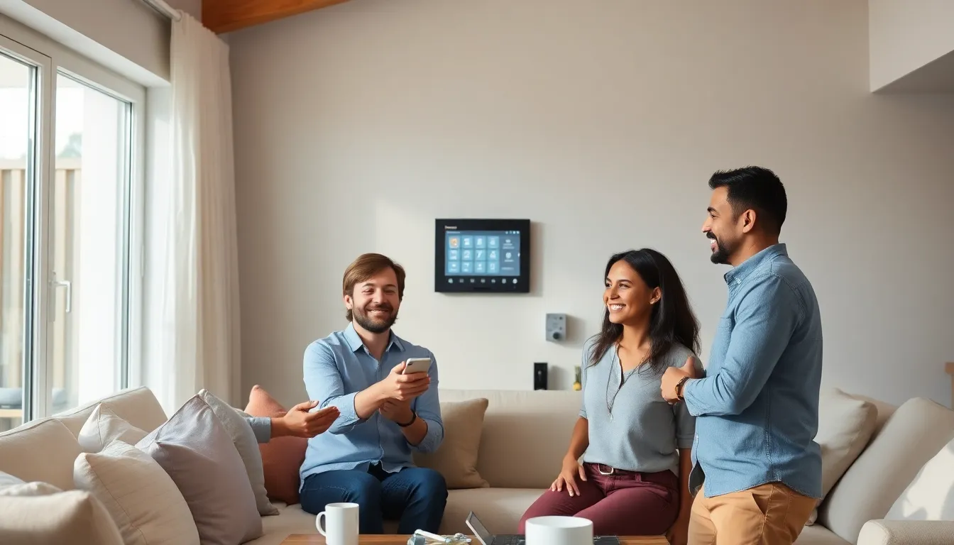 family interacting with a Honeywell home alarm system in a modern living room.