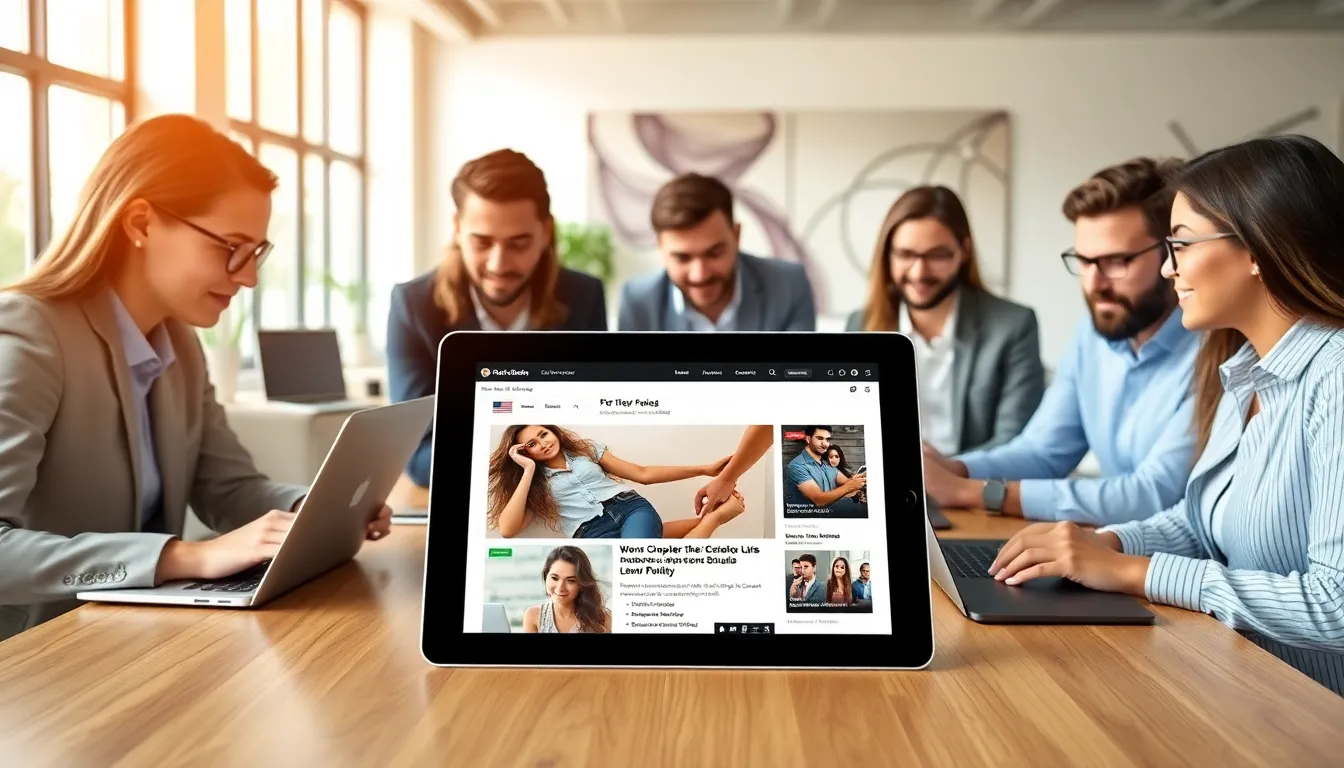 diverse team collaborating on celebrity blogging in a modern office.