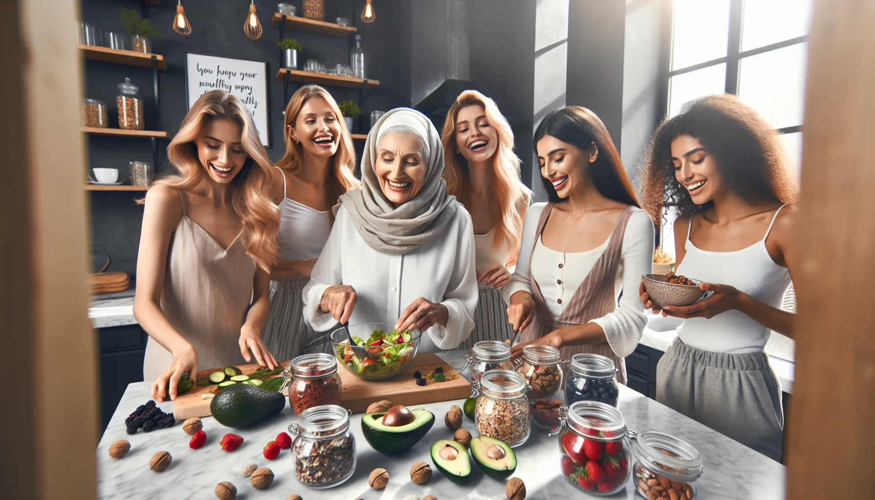women preparing healthy food in a bright kitchen.