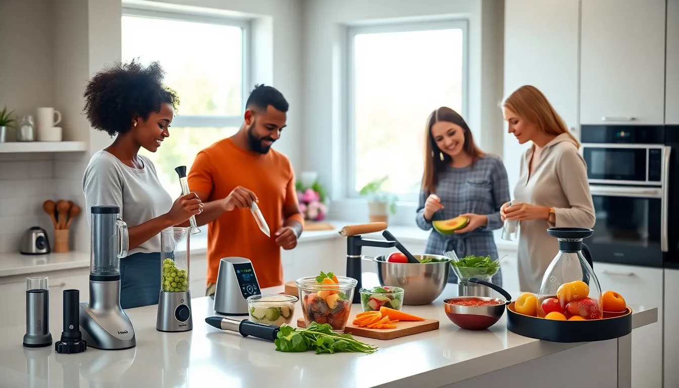 diverse cooks using various kitchen gadgets in a modern setting.