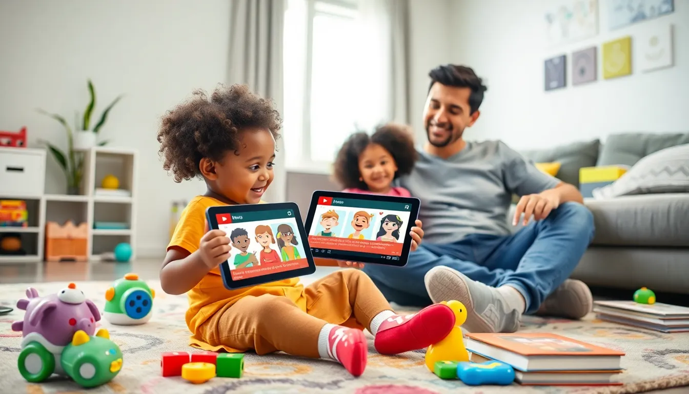 child watching YouTube Kids news on a tablet in a cozy living room.