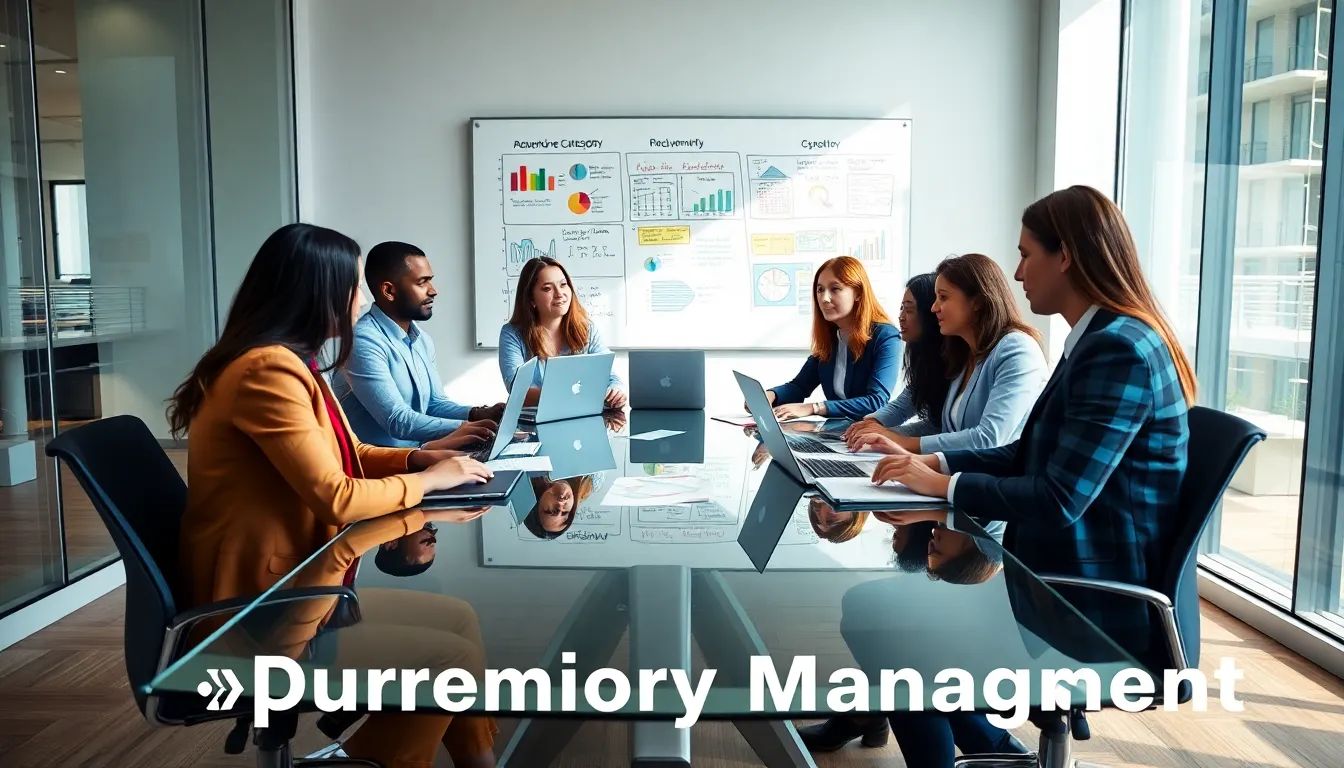 Diverse team collaborating on procurement category management in a modern office.