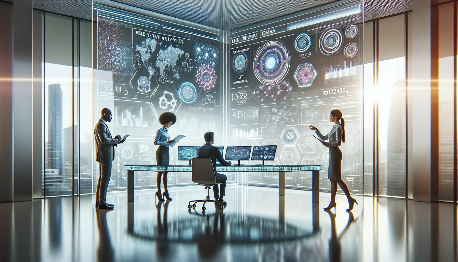 diverse professionals discussing data analysis in a modern office setting.