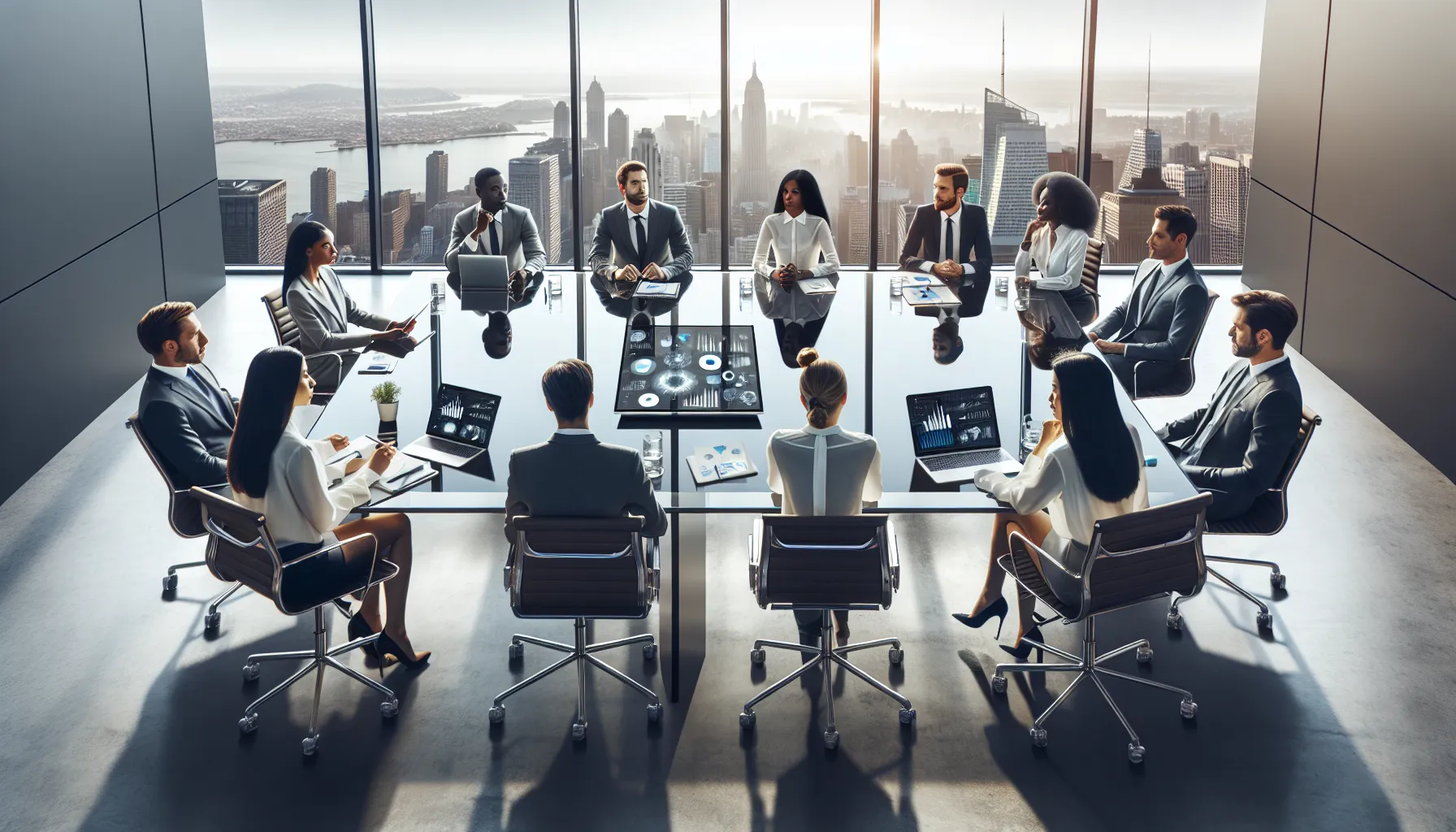 diverse professionals in a modern conference room discussing future trends.