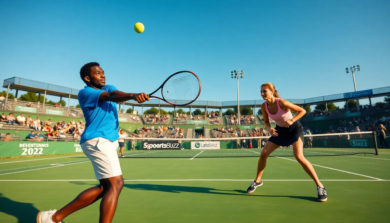 Two tennis players competing in an outdoor match with fans in the background.