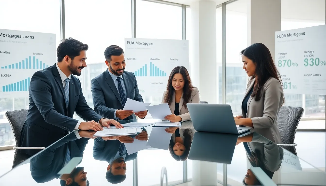 diverse professionals discussing FHA loans in a modern office.