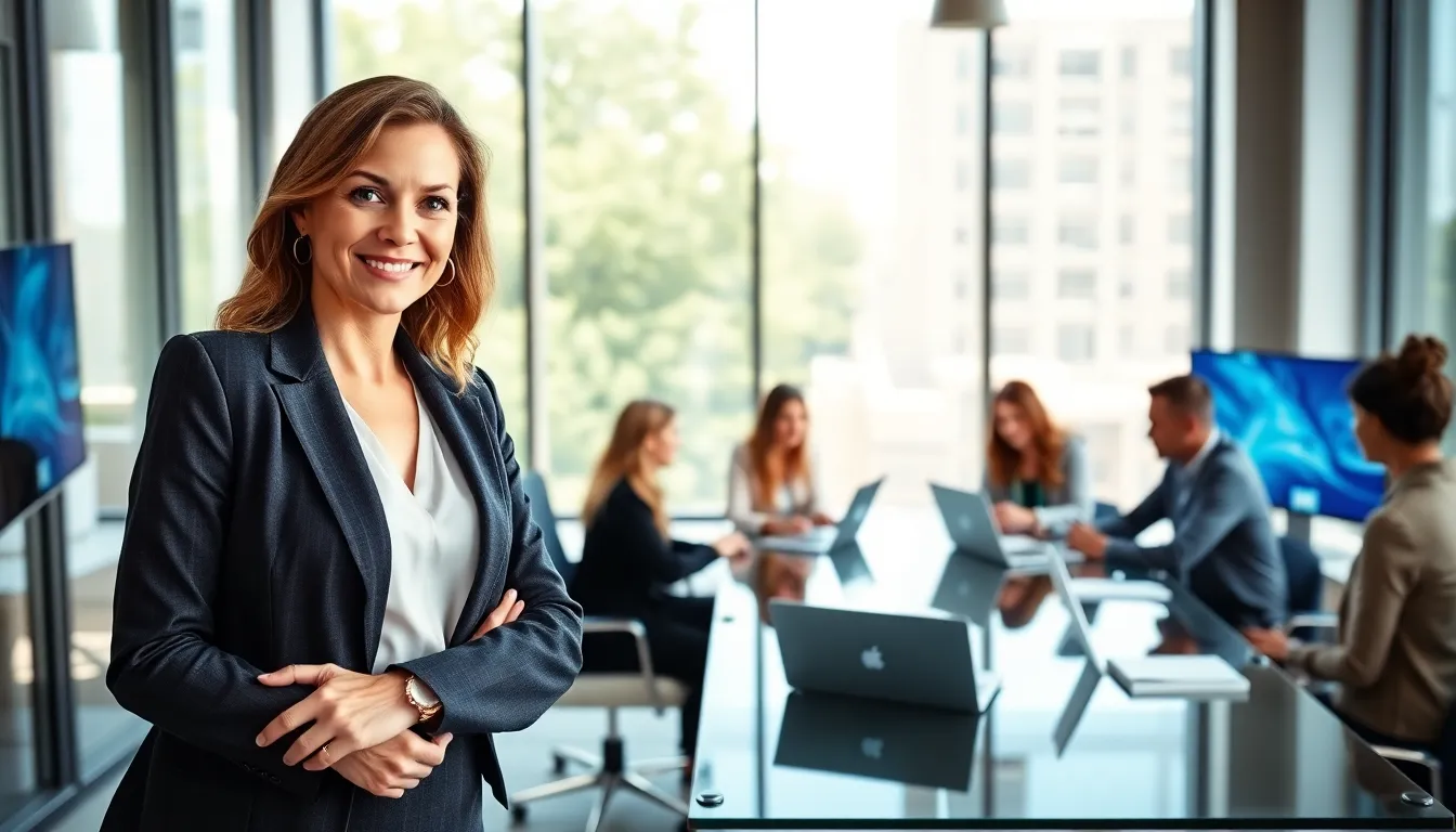 Stacy Klinger leading a diverse team in a modern office.