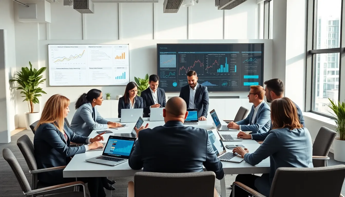 diverse team collaborating on enterprise software in a modern office.