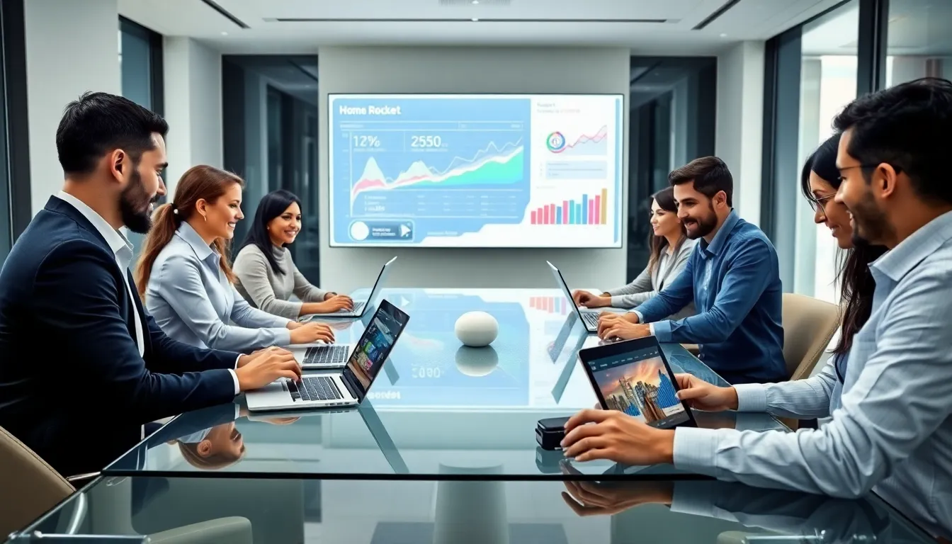 Diverse real estate team collaborating in a modern office.