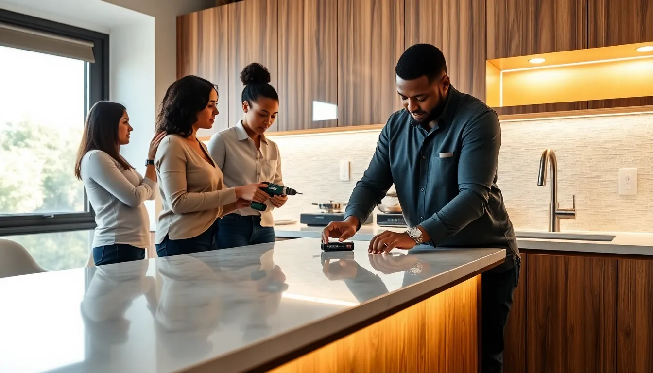 professionals installing under cabinet LED lighting in a modern kitchen.