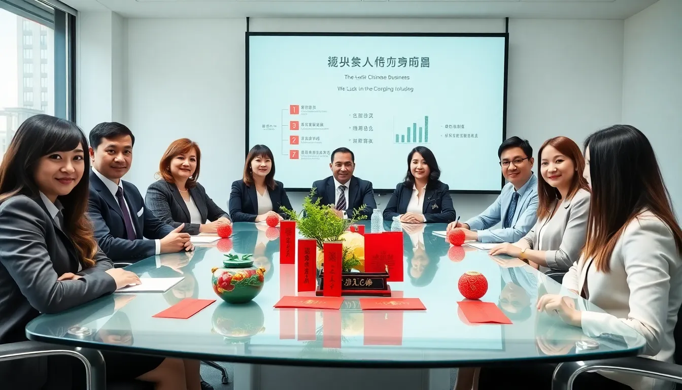 diverse team discussing luck in business with Chinese cultural elements.