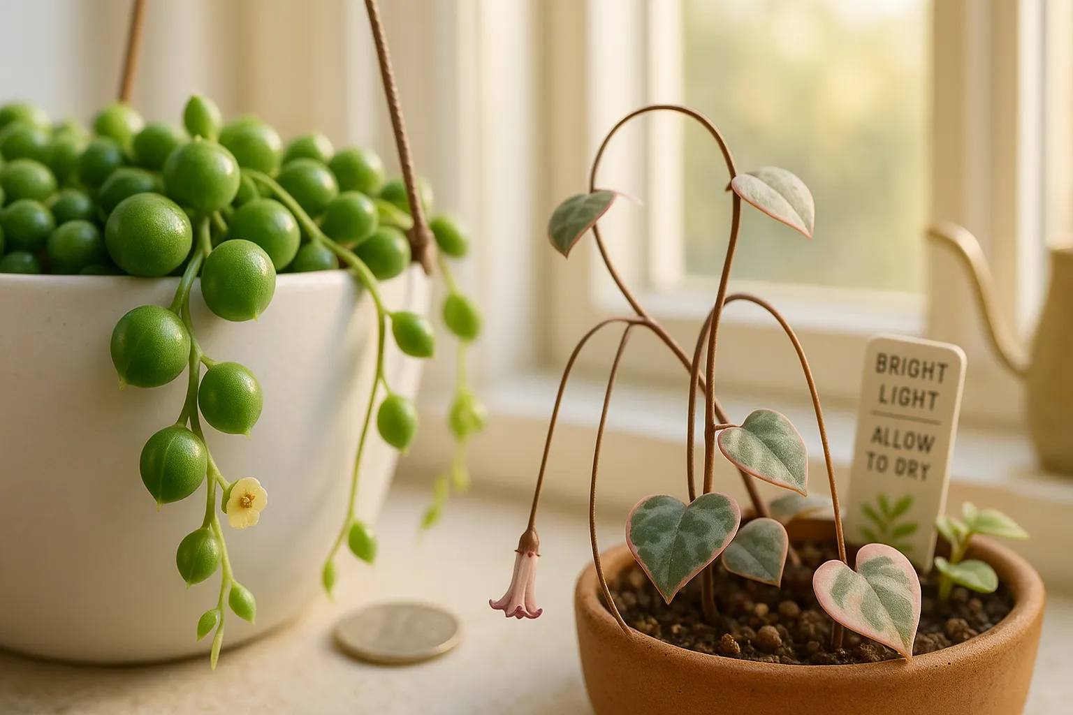 Close-up comparison of glossy string-of-pearls and variegated string-of-hearts plants.