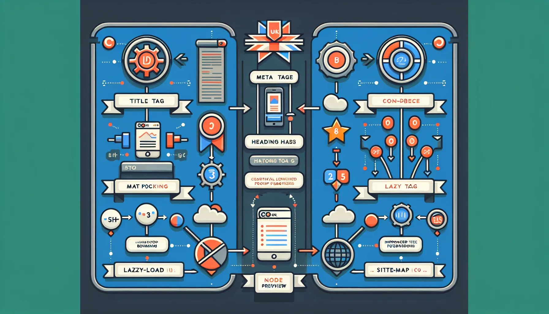 UK-focused on-page and technical SEO process diagram for ranking keywords.