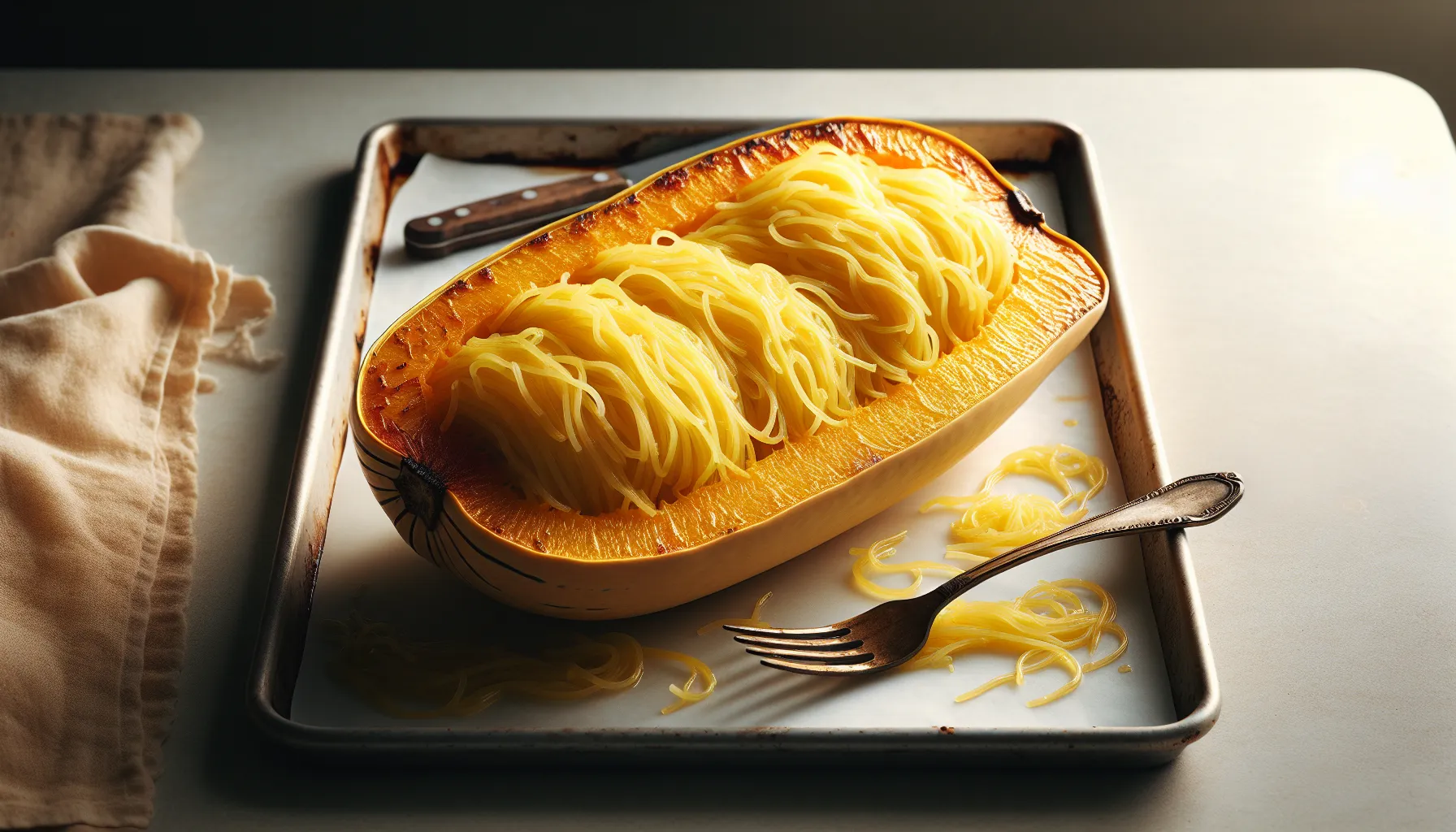 Roasted spaghetti squash halves with tender noodle-like strands on a baking sheet.