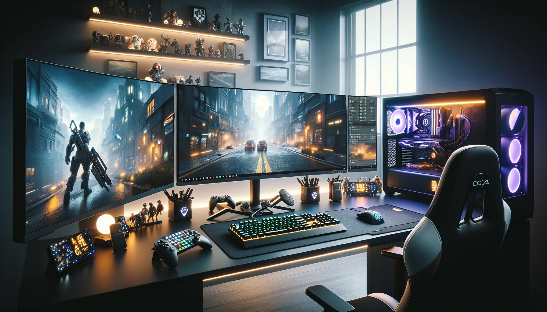 modern gaming setup with multiple monitors and gaming gear.