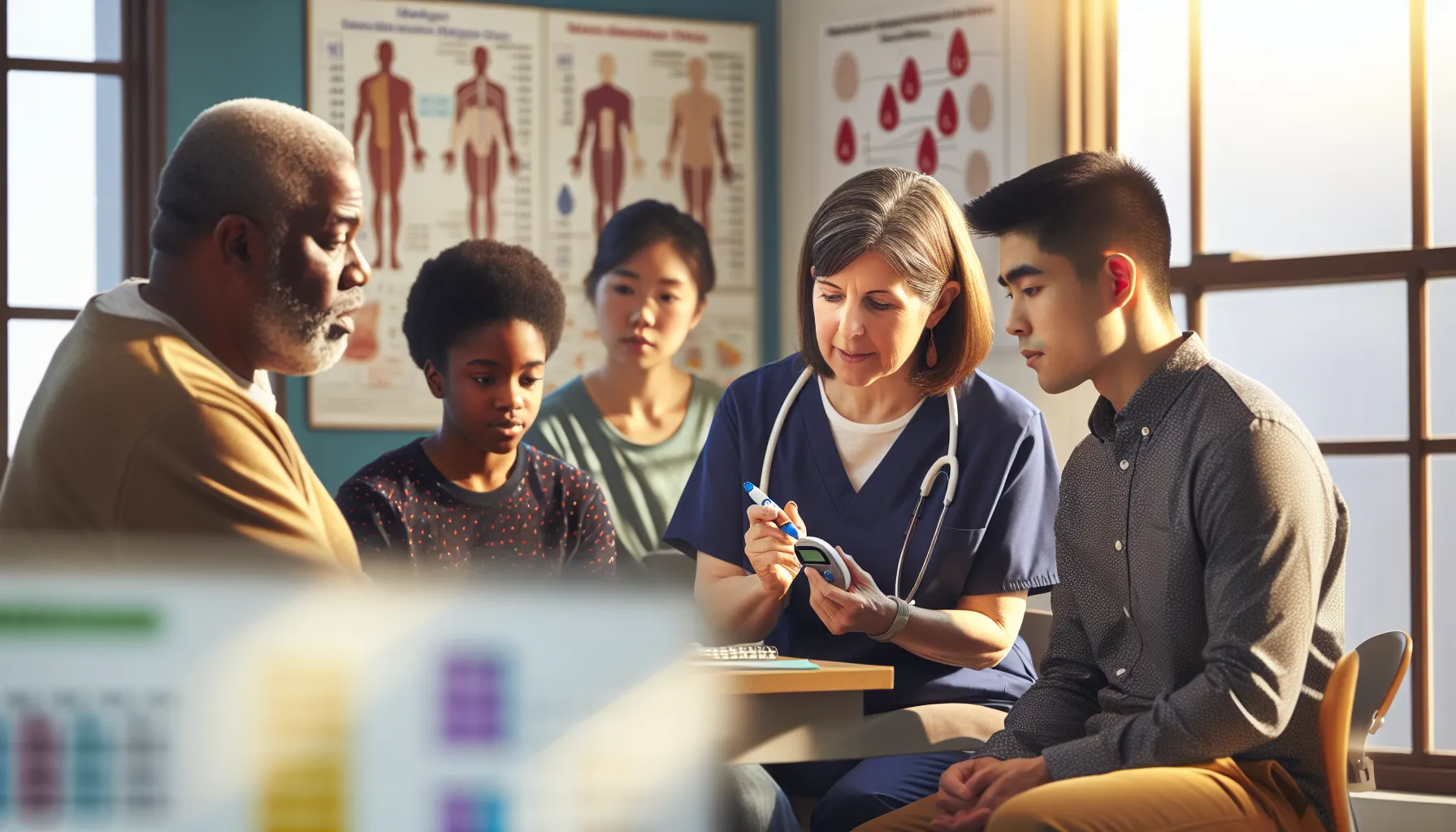 A nurse demonstrating blood glucose testing to patients in a bright office.